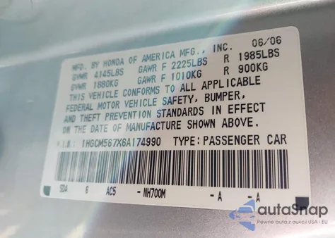 2006 Honda Accord 2.4 Ex from USA, damaged, VIN 1HGCM567X6A174990